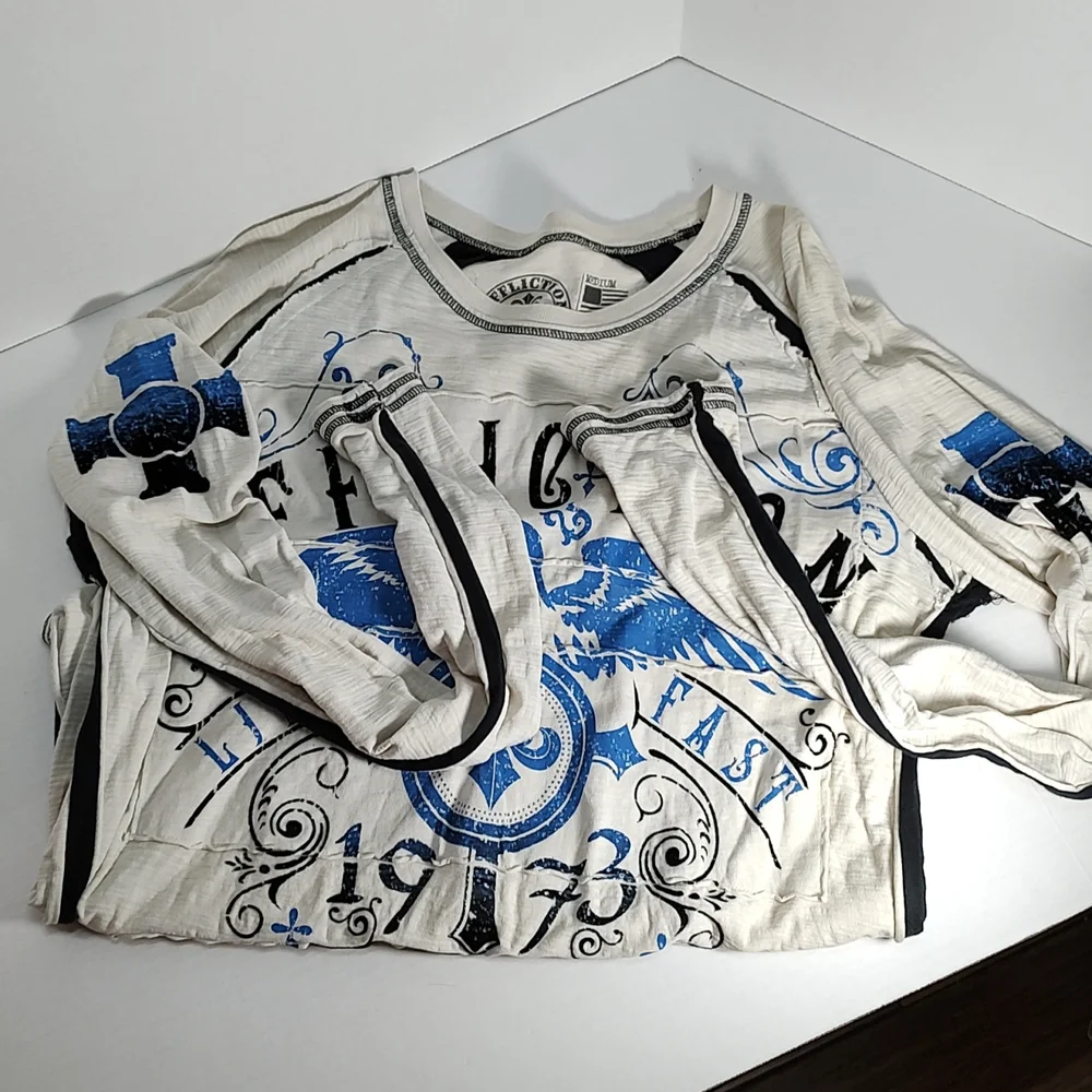Men's M Affliction Long Sleeve T Shirt Cream Blue Ombre Eagle Fluer De Lis - Picture 4 of 5
